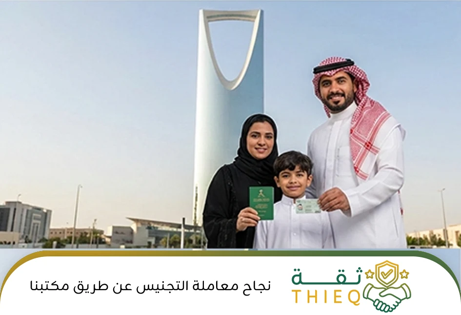 اسرة مقيمة سعيدة في الرياض تحمل جواز السفر السعودي والهوية الوطنية أمام برج المملكة بعد نجاح معاملة التجنيس عن طريق مكتبنا.